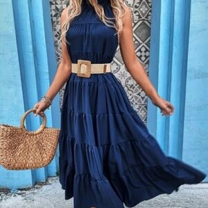 Tie Back Ruffle Hem Smock Dress Navy blue